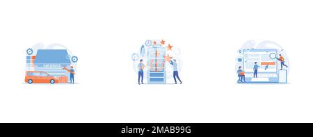 Auto-Tuner mit Schraubenschlüssel und Werkzeugkasten für Fahrzeugumbau beim Autoservice, Techniker mit Batterieladung, Uhr und Sterne mit Rakete, IT Special Stock Vektor