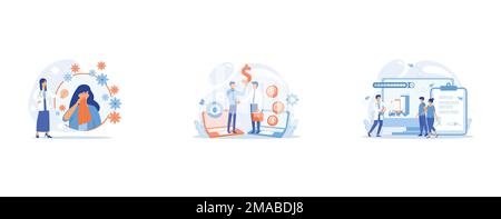 Frau allergisch gegen Frühlingsblumen, niest und nimmt Medikamente, B2B Verkäufer verkauft Produkte und Dienstleistungen an Käufer in Laptop, winzige Leute, Arzt Stock Vektor