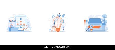 Analytiker, der mit einem Laptop mit Automatisierungsprozess arbeitet, winzige Geschäftsleute, die Ideen entwickeln und die großen Glühbirnen in Schach halten, Gebäude Exterieur renova Stock Vektor