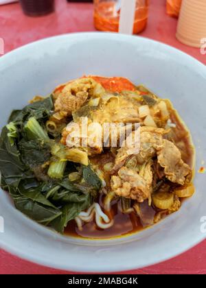 MEE Ayam, Mie ayam, Nudeln mit Huhn, Fleischbällchen, Knödeln und Gemüse sind ein beliebtes Street Food in Indonesien. Stockfoto