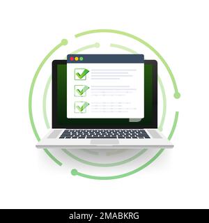 Checkliste Browser Fenster. Markierung prüfen. Weiße Häkchen auf dem Laptop Bildschirm. Wahl, Umfrage Konzepte. Vector lieferbar Abbildung. Stock Vektor