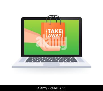 Handzeichen und Handzeichen auf Laptop-Bildschirm, Etikett. Das Essenssymbol herausnehmen. Darstellung des Vektormaterials Stock Vektor