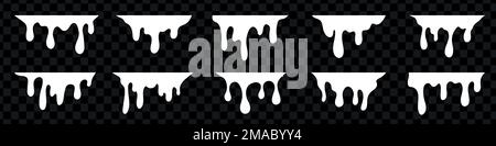 Flüssige Farbe tropft. Weißer Schmelztropfen. Weiße Sahne tropft aus, isolierte Milchjoghurt fließende Tropfen. Vektordarstellung Stock Vektor