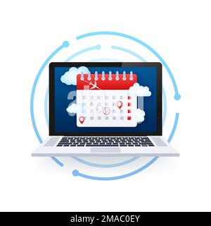 Erinnerung im Kalender auf dem Laptop-Bildschirm. Das Flugzeug fliegt herum. Darstellung des Vektormaterials. Stock Vektor