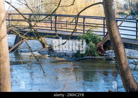 Sonning, Berkshire, Großbritannien. 19. Januar 2023. Nach heftigen Regenfällen im Januar ist die Themse am Ufer von Sonning in Berkshire geplatzt. Das Wasser der Themse pumpte heute in der Nähe der Sonning Bridge Wasser weg. Ein Hochwasseralarm für die Themse von Mapledurham bis Sonning bleibt bestehen. Kredit: Maureen McLean/Alamy Live News Stockfoto