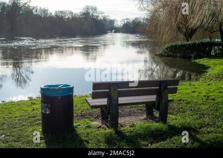 Sonning, Berkshire, Großbritannien. 19. Januar 2023. Nach heftigen Regenfällen im Januar ist die Themse am Ufer von Sonning in Berkshire geplatzt. Das Wasser der Themse pumpte heute in der Nähe der Sonning Bridge Wasser weg. Ein Hochwasseralarm für die Themse von Mapledurham bis Sonning bleibt bestehen. Kredit: Maureen McLean/Alamy Live News Stockfoto