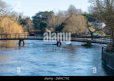 Sonning, Berkshire, Großbritannien. 19. Januar 2023. Nach heftigen Regenfällen im Januar ist die Themse am Ufer von Sonning in Berkshire geplatzt. Das Wasser der Themse pumpte heute in der Nähe der Sonning Bridge Wasser weg. Ein Hochwasseralarm für die Themse von Mapledurham bis Sonning bleibt bestehen. Kredit: Maureen McLean/Alamy Live News Stockfoto