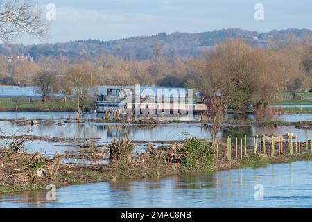 Sonning, Berkshire, Großbritannien. 19. Januar 2023. Nach heftigen Regenfällen im Januar ist die Themse am Ufer von Sonning in Berkshire geplatzt. Das Wasser der Themse pumpte heute in der Nähe der Sonning Bridge Wasser weg. Ein Hochwasseralarm für die Themse von Mapledurham bis Sonning bleibt bestehen. Kredit: Maureen McLean/Alamy Live News Stockfoto