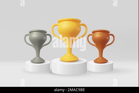 3D Trophäe „Gold, Silber und Bronze Champion“ Stock Vektor