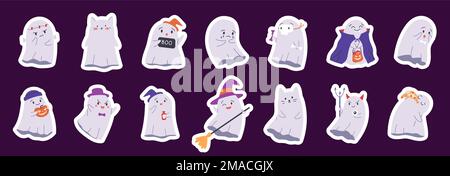 Süße Halloween-Sticker mit gruseligem Phantom-Set. Fröhliche Geisterfiguren für Kinder. Flache Vektoraufkleber Stock Vektor