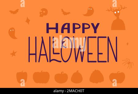 Happy Halloween Text Banner. Herbstposter mit Kürbis, Netz, Fledermaus, Geistern. Abbildung eines flachen Vektors Stock Vektor