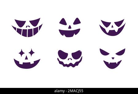 Unheimliche Halloween-Kürbis-Gesichter. Die gruselige halloween-Jack-o-Laterne sieht Schablonen. Helloween-Feiertagsfiguren. Abbildung eines flachen Vektors Stock Vektor