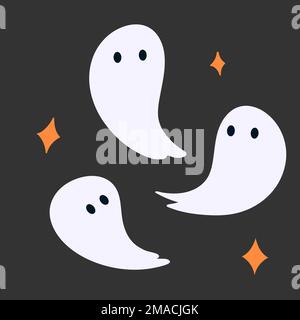 Gruselige Geister fliegen. Frohes Halloween-Banner. Flachvektordarstellung isoliert auf schwarzem Hintergrund Stock Vektor