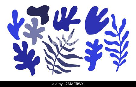 Set aus trendigen Doodle- und abstrakten zufälligen blauen Formen auf isoliertem Hintergrund. Abstrakte Formen matisse-Stil Stock Vektor