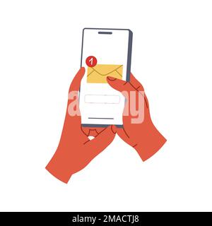Halten Sie Ihr Telefon in der Hand und überprüfen Sie Ihre E-Mails. Flachvektordarstellung isoliert auf schwarzem Hintergrund Stock Vektor