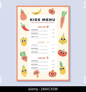 Kindermenü. Hübsche, farbenfrohe, handgezeichnete Vektorvorlage. Kindermenü für Party, Café. Gesundes Gemüse und Obst Stock Vektor