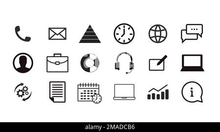Symbolsatz für Arbeit und Produktivität. Vector Isolet Sammlung von arbeitsbezogenen Schwarz-Weiß-Illustrationen Stock Vektor