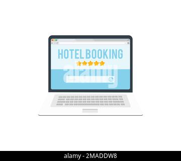 Planen von Urlaubsreisen und Suchen von Informationen oder Buchen eines Hotels mit Laptop-Logo. Buchungswebsite bietet Reservierungssystem. Stock Vektor