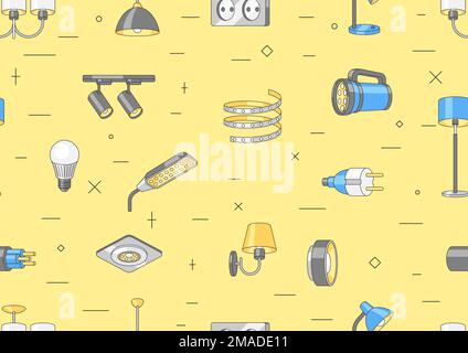 Nahtloses Muster mit elektrischen Leuchten und Lampen. Elektrische Ausrüstung. Industrie- oder Geschäftsdesign. Stock Vektor