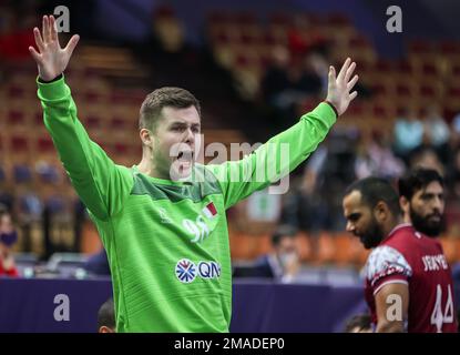 Kattowitz, Polen. 19. Januar 2023. Handball: Weltmeisterschaft, Katar - Niederlande, Hauptrunde, Gruppe 3, Spieltag 1 bei Spodek Katowice. Katars Torwart Anadin Suljakovic reagiert. Kredit: Jan Woitas/dpa/Alamy Live News Stockfoto