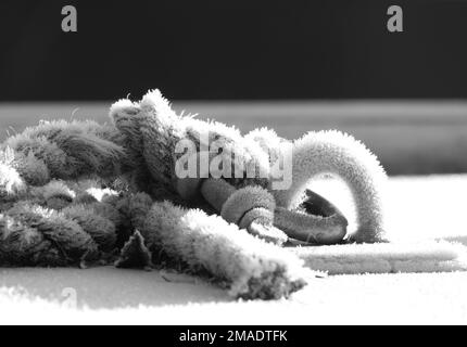 Nahaufnahme des Icy-Seils auf dem Dach des Kanalboots Oxford Kanal schwarz-weiß Stockfoto