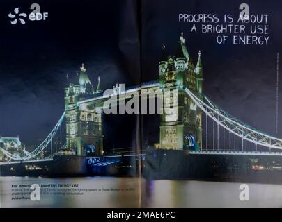 EDF-Werbung für Beleuchtungssysteme mit Londin Tower Bridge in einem Magazin 1977 Stockfoto