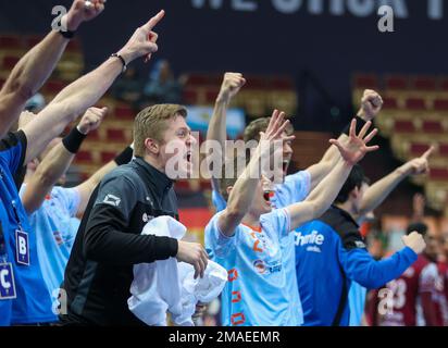 Kattowitz, Polen. 19. Januar 2023. Handball: Weltmeisterschaft, Katar - Niederlande, Hauptrunde, Gruppe 3, Spieltag 1 bei Spodek Katowice. Die Spieler aus den Niederlanden jubeln. Kredit: Jan Woitas/dpa/Alamy Live News Stockfoto