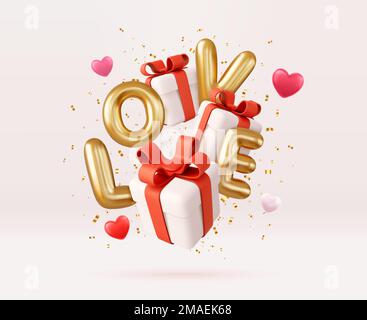 3D Geschenkboxen zum Valentinstag mit roten Schleifen. Das goldene Wort „Love 3D“ ist realistisch im Hintergrund Stock Vektor