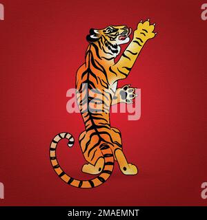 der tiger steht auf seinen Hinterbeinen auf rotem Hintergrund Stock Vektor