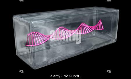 DNA in Eis konserviert. DNA-Molekülstrang in transparentem Glas, Eisbehälter. DNA-Speicherung. Gefrorene DNA. 3D-Darstellung rendern. Stockfoto