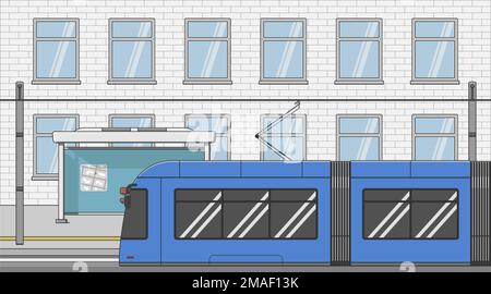 Blaue Straßenbahn an der Bushaltestelle in der Nähe des Gebäudes Stock Vektor