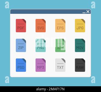 Desktop-Fenster mit Shape-Symbol Dateiformat ZIP xls psd JPG isoliert Einfache ui-Vektordarstellung Stock Vektor