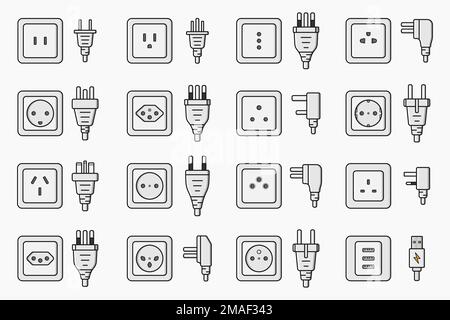 Steckdosenstecker Weltstandards Symbole festlegen Vektorabbildung Stock Vektor