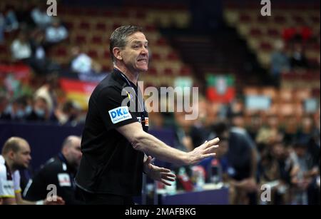 Kattowitz, Polen. 19. Januar 2023. Handball: Weltmeisterschaft, Deutschland - Argentinien, Hauptrunde, Gruppe 3, Spieltag 1 bei Spodek Katowice. Deutsche Trainer Alfred Gislason Gesten. Kredit: Jan Woitas/dpa/Alamy Live News Stockfoto