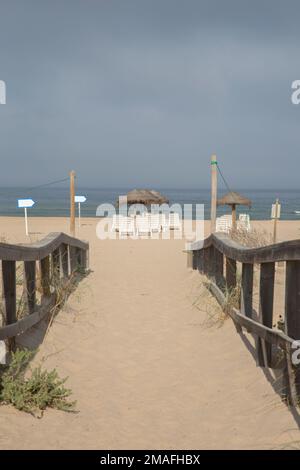 Sonnenliegen und Pfad auf der Odeceixe; Strand; Algarve; Portugal Stockfoto