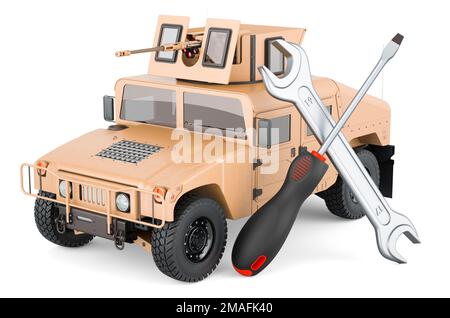 Mobiles Mehrzweckfahrzeug mit Schraubendreher und Schraubenschlüssel, 3D-Rendering auf weißem Hintergrund isoliert Stockfoto