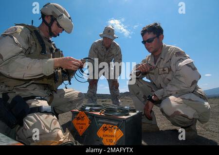 060810-N-0411D-019. [Complete] Bildunterschrift: USA Marine Corps CPL. Justin Lefan, Mitte, vom 1. Bataillon, 23. Marine Division, beobachtet als US Navy Explosives Ordnance Disposal SPECIALIST 2. Class Corey Baughmann, links, misst Timer-Sicherungskabel für Sprengstoffe Ordnance Disposal SPECIALIST 2. Class Christopher Blount vor einer Abrissschulung während der Übung Natural Fire in Nginyang, Kenia, am 10. August 2006. An der 10-tägigen multilateralen Feldübung sind Militärpersonal aus Ländern der Ostafrikanischen Gemeinschaft, US-Einheiten und eine gemeinsame Task Force am Horn von Afrika beteiligt. Stockfoto