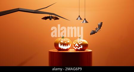 Gruselige Halloween-Kürbisse Jack O' Lanterns auf dem Podium und fliegende Fledermäuse auf minimalem abstraktem orangefarbenen Hintergrund, 3D-Darstellung geometrischer Form, Stockfoto