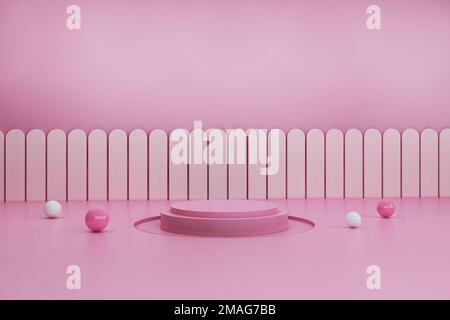 Pinkfarbener Podium-Sockel oder -Plattform mit pinkfarbenem Hintergrund in Pastelltönen und konzeptionellem 3D-Rendering mit minimalen Schatten Stockfoto
