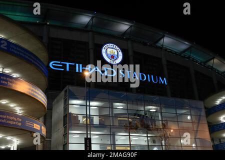 Manchester, Großbritannien. 19. Januar 2023. Außenansicht des Etihad Stadions vor dem Premier League-Spiel Manchester City gegen Tottenham Hotspur im Etihad Stadium, Manchester, Großbritannien, 19. Januar 2023 (Foto von Conor Molloy/News Images) in Manchester, Großbritannien, am 1./19. Januar 2023. (Foto: Conor Molloy/News Images/Sipa USA) Guthaben: SIPA USA/Alamy Live News Stockfoto