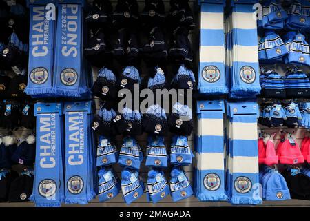 Manchester, Großbritannien. 19. Januar 2023. Werbeartikel von Manchester City sind vor dem Premier League-Spiel Manchester City gegen Tottenham Hotspur im Etihad Stadium, Manchester, Großbritannien, am 19. Januar 2023 (Foto von Conor Molloy/News Images) in Manchester, Großbritannien, am 1./19. Januar 2023 verfügbar. (Foto: Conor Molloy/News Images/Sipa USA) Guthaben: SIPA USA/Alamy Live News Stockfoto