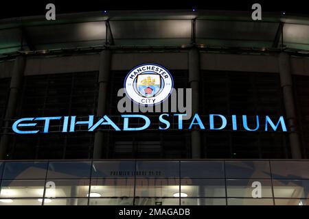 Manchester, Großbritannien. 19. Januar 2023. Außenansicht des Etihad Stadions vor dem Premier League-Spiel Manchester City gegen Tottenham Hotspur im Etihad Stadium, Manchester, Großbritannien, 19. Januar 2023 (Foto von Conor Molloy/News Images) in Manchester, Großbritannien, am 1./19. Januar 2023. (Foto: Conor Molloy/News Images/Sipa USA) Guthaben: SIPA USA/Alamy Live News Stockfoto