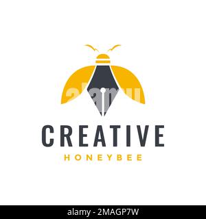 Stift kreative Honigbiene fliegende Flügel Logo Design Vektorsymbol Illustration Vorlage Stock Vektor
