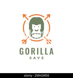 Der Gesichtsgorilla mit Pfeilen speichert das Maskottchen mit dem niedlichen minimalistischen Logo-Design. Eine Vorlage zur Illustration eines Vektorsymbols Stock Vektor