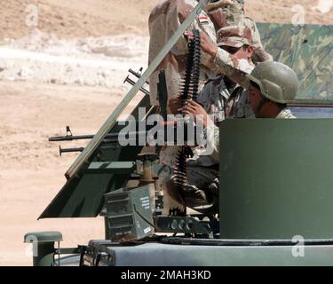 070319-M-7404B-022. [Complete] Szene Caption: Ein Ausbilder mit dem 2. Brigade 7. Iraqi Army Division Military Transition Team (Mitt 2-7) Unterrichtet einen irakischen Armeesoldaten, während er am 9. März 2007 auf dem Luftwaffenstützpunkt Asad, Irak, eine PKC-Maschinenpistole aus dem Geschützturm eines hochbeweglichen Mehrradfahrzeugs (HMMWV) abfeuert. 2. Bataillon 7. Das militärische Übergangsteam der irakischen Armee-Division wird als Teil der MNF-W zur Unterstützung der Operation Iraqi Freedom in der Provinz Anbar im Irak eingesetzt, um die irakischen Sicherheitskräfte zu entwickeln und die Entwicklung zu erleichtern Stockfoto