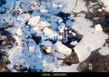 Nahaufnahme einer großen eisbedeckten Pfütze, von der ein Teil in kleinere Eisstücke zertrümmert und in der Sonne schmelzen gelassen wurde. Stockfoto