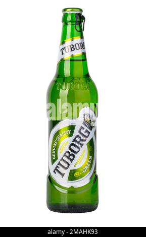 CHISINAU, MOLDAWIEN - 18. Dezember 2015: Dänische Brauerei, gegründet 1873. Die Brauerei wurde in Hellerup, einem Vorort von Kopenhagen, gegründet. Stockfoto