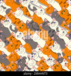 Animalisches schräg geneigtes Muster mit weißen, ginger, grauen, abgestreiften, gestromten und gepunkteten Katzen Stock Vektor