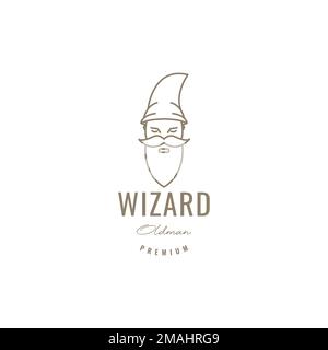 Old man Wizard lang mit Bart und Schnurrbart langer Hut Magier Line Hipster Logo Design Vorlage für Vektorsymbole Stock Vektor