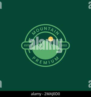 Vorlage zur Illustration von Berg- und Sonnenuntergang im Freien mit Panoramablick auf das Naturabzeichen im Vintage-Design Vektorsymbol Stock Vektor